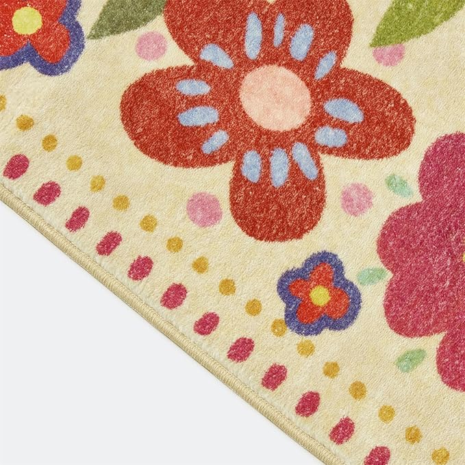 Washable Boho Floral Rugs Thin Pile, Cute Aesthetic Vintage Hippie Bedroom Rugs Colorful Rose Pink Bright Trendy Indie Dorm Carpet, Country Flowers 4x6 Area Rug for Dining Living Room Entryway Kitchen
