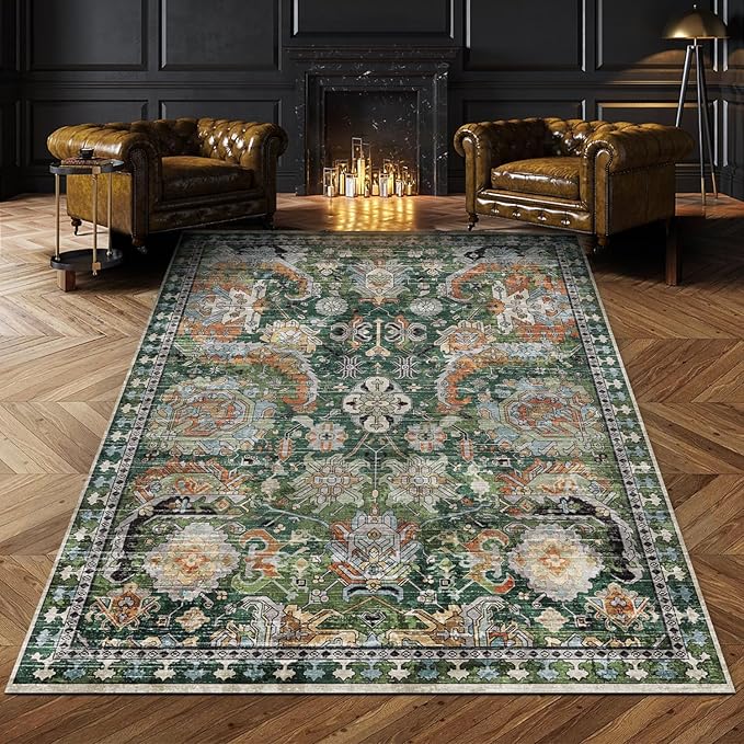 Washable Area Rugs - Perfect for Living Room, Bedroom, Kids Room, Nursery - Stain & Water Resistant Non-Slip, Pet & Child Friendly, Vintage Tribal Area Rugs (Green, 6' x 9')