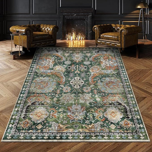 Washable Area Rugs - Perfect for Living Room, Bedroom, Kids Room, Nursery - Stain & Water Resistant Non-Slip, Pet & Child Friendly, Vintage Tribal Area Rugs (Green, 6' x 9')
