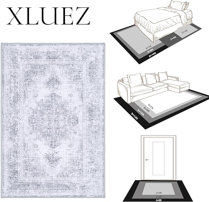 Runner Rug 2x6 Vintage Rug, Machine Washable Kitchen Runner Retro Medallion Distressed Rug Non-Slip Soft Low Pile Hallway Rug for Entryway Bedroom Bathroom Laundry(LightGrey,2'x6')