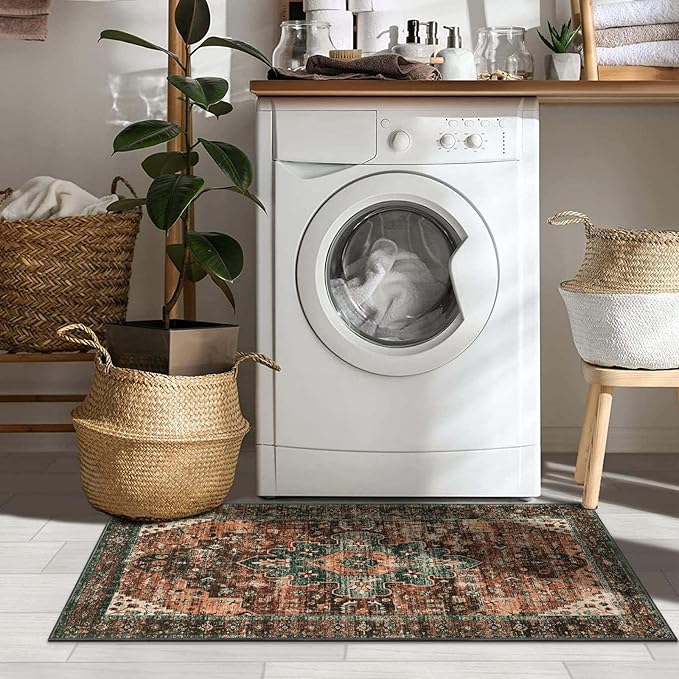Moynesa Ultra-Thin Washable Rug - 2x4 Laundry Room Rug Non-Slip Kitchen Runner, Vintage Stain Resistant Non-Shedding Carpet for Bathroom, Living Room, Hallway, Brown