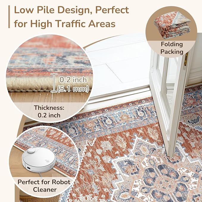 BESTSWEETIE 2x3 Area Rugs for Living Room Washable Non Slip Carpet Low Pile Soft Vintage Print Pattern Rug for Bedroom Dining Room Kitchen Entryway Indoor-Brick/Blue/Light Ivory