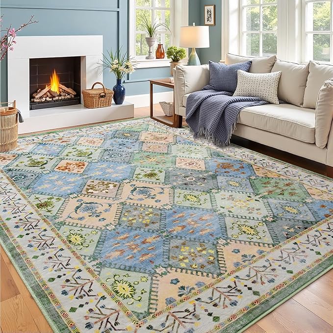 5x7 Washable Area Rug for Living Room, Green Boho Non-Slip Bedroom Rugs, Moroccan Floral Trellis Carpet Soft Low Pile Accent Indoor Mat for Kitchen Laundry Room