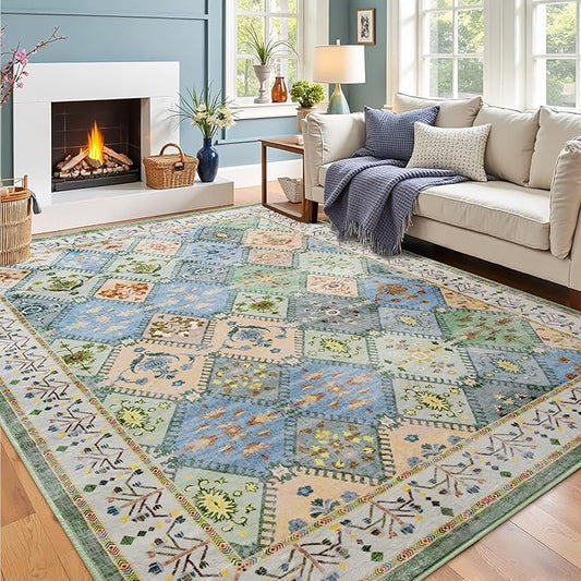 5x7 Washable Area Rug for Living Room, Green Boho Non-Slip Bedroom Rugs, Moroccan Floral Trellis Carpet Soft Low Pile Accent Indoor Mat for Kitchen Laundry Room