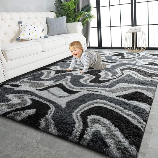 TWINNIS Super Soft Shaggy Rugs Fluffy Carpets, 5x8 Feet, Indoor Modern Plush Area Rugs for Living Room Bedroom Kids Room Nursery Home Decor, Upgrade Anti-Skid Rectangular Fuzzy Rug, Grey Black
