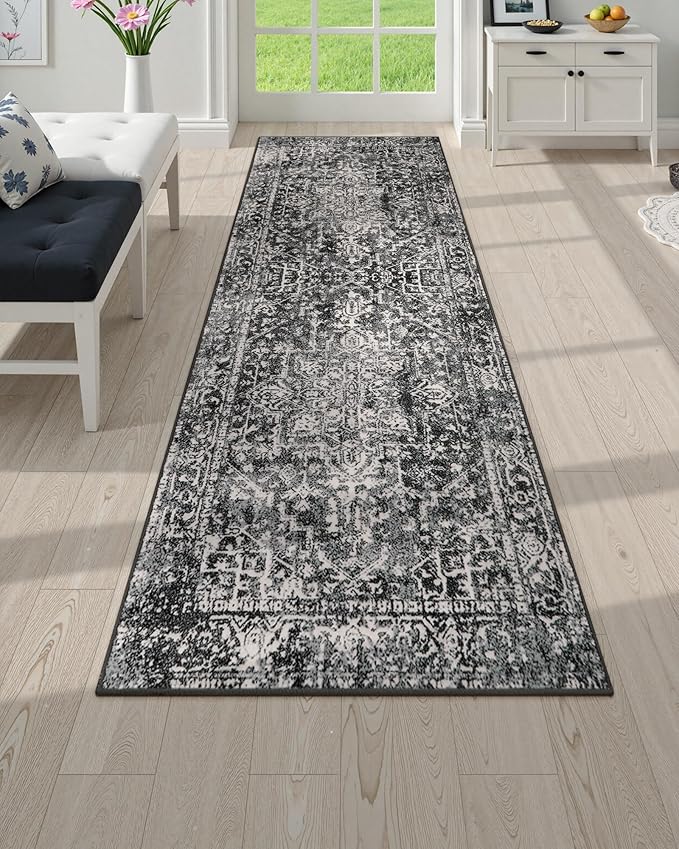Morebes Boho Black 2x6 Runner Rug for Hallway, Washable Kitchen Runner Rug Non Slip Bathroom Runner, Vintage Medallion Non-Shedding Soft Carpet for Kitchen Bedroom Entryway