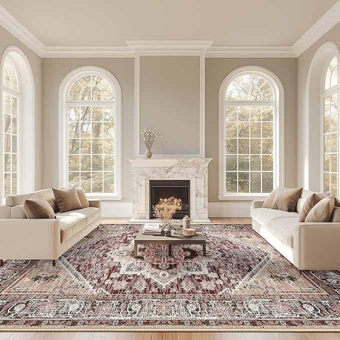 BESTSWEETIE 9x12 Area Rugs for Living Room Washable Non Slip Carpet Low Pile Soft Vintage Print Pattern Rug for Bedroom Dining Room Kitchen Entryway Indoor-Wine/Brown/Brick/Black/Light tan