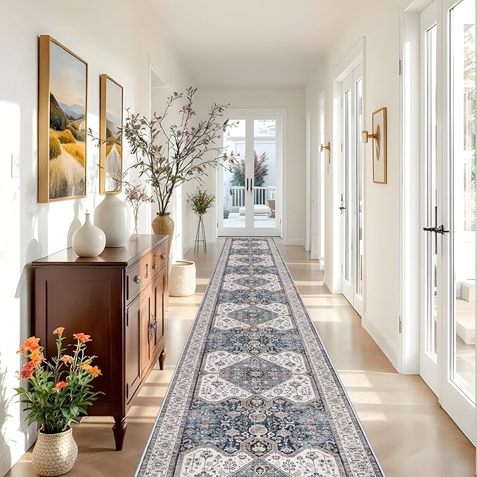 RUUGME Washable 3x20 Runner Rugs - Hallway Runner Rug for Living Room Stain Resistant Carpet with Non Slip Backing Vintage Rugs for Bedroom Kitchen Floor Decoration Mat 3x20 Navy