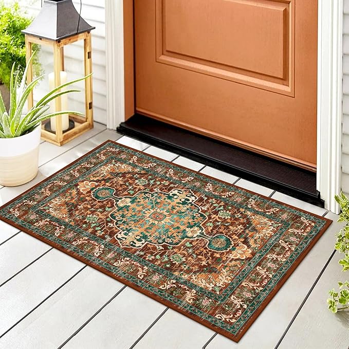 U'Artlines 2x3 Washable Boho Area Rug, Small Non Slip Vintage Doormat for Indoor Front Door Ultra Thin Mat Carpet for Entryway Kitchen Bathroom Bedroom Rust＆Teal