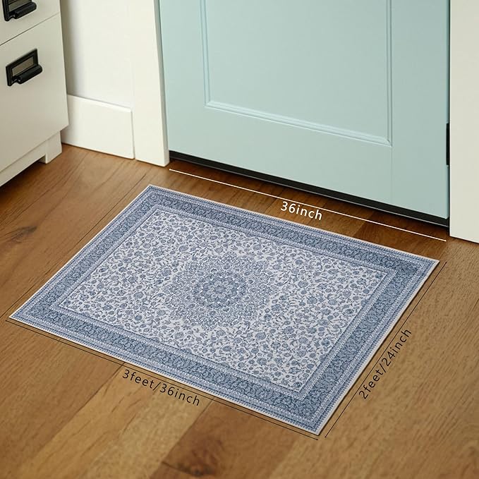Floral Doormat Entryway Rug Washable Area Rug 2x3, Spill-Proof Surface, Non-Slip Backing, Cozy Soft Faux Wool, Printed Rugs 2x3, Bathroom Rugs, Bedroom Rugs - Ieve