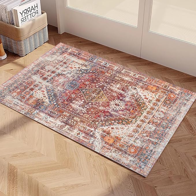 Yancorp Area Rug 2'x3'Rust Red Small Washable for Entrance Soft Faux Wool Non-Slip Indoor Door Mat Throw Rug for Bedroom Kitchen Entryway Bathroom