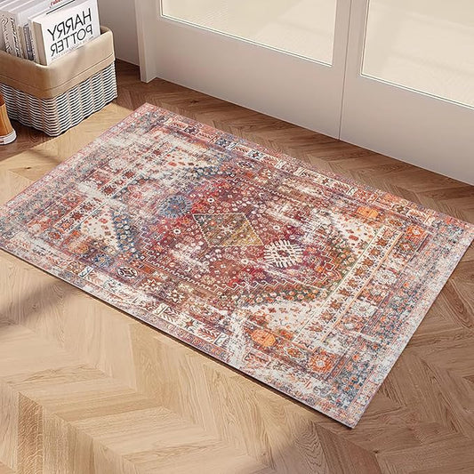 Yancorp Area Rug 2'x3'Rust Red Small Washable for Entrance Soft Faux Wool Non-Slip Indoor Door Mat Throw Rug for Bedroom Kitchen Entryway Bathroom