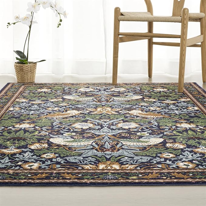 Strawberry Thief Area Rug Dark Green, Ultra Thin 6x9 Washable Carpet, Modern Abstract Indoor Entryway Rug, Boho Vintage Floral Forest Botanical Rug for Bedroom Kitchen Dining Living Room Office