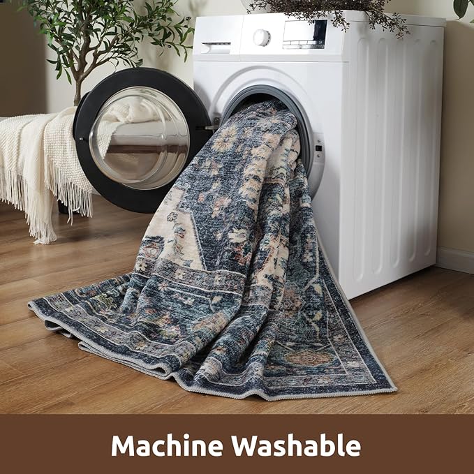 AMOAMI-3X5 Area Rug-Soft Washable Rug for Living Room Bedroom -Non Slip Entryway Rug-Indoor Vintage Throw Rug Accent Rug for Living Room Laundry Room Kitchen Bathroom Bedside Blue