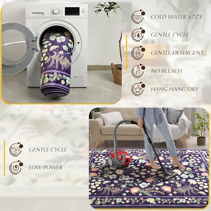 Area Rugs for Living Room, Washable 5x7 Vintage Rug for Bedroom, Non-Slip Floral Carpet for Home Office Nursery Dining Room Kitchen, Purple