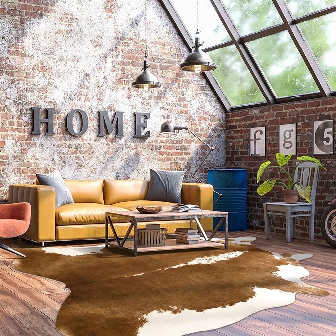 BENRON Premium Cowhide Rug, Faux Cow Hide Rugs for Living Room Bedroom Western Home Decor, Non Slip Cute Rug with Irregular Animal Skins and Hides, Khaki Brown, 5.2 x 6.2ft