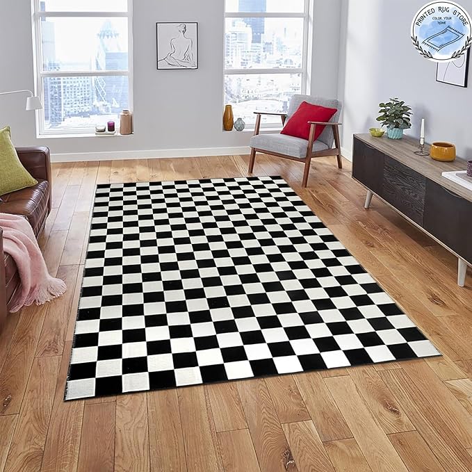 Seavish Checkered Rug, 5x6.5 Ft Black and White Outdoor Rug Moroccan Checkerboard Mat Washable Runner Rug Cotton Woven for Hallway Front Door Bedroom Entryway Kitchen Floor Reversible Area Rugs