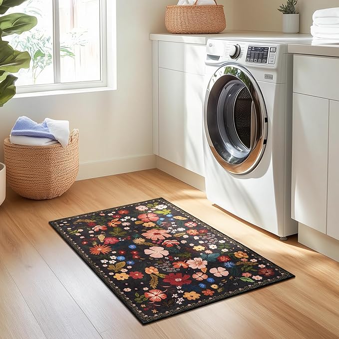2x3 Rug Front Door Indoor Entrance Boho Vintage Floral Pattern Black Faux Wool Throw Rugs with Rubber Backing Washable Non Slip Stain Resistant Doormat Small Area Rugs for Entryway Kitchen Laundry