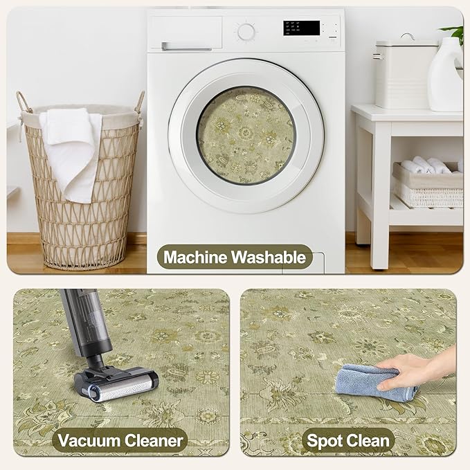 2.6x8 Washable Runner Rug for Hallways, Floral Vintage Runner Non Slip, Soft Low Pile Long Rugs, Print Distressed Green Carpet Runners for Kitchen Bedroom Entryway Living Room