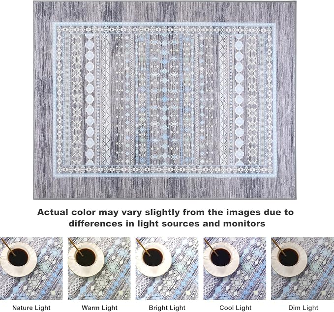 2x3 Small Rugs for Bedroom, Washable Aztec Geometric Indoor Entryway Door Rug with Non-Slip Backing, Soft Moroccan Throw Rug Western Carpet for Kitchen Home Office, Grey & Blue