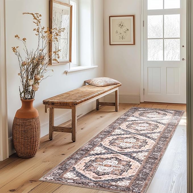 Washable 2x10 Area Rugs, Rugs for Living Room, Low-Pile Water&Stain Resistant Carpet Vintage Distressed Printed Non-Slip Carpet for Bedroom Bathroom Kitchen-Pink/Brown/Navy Blue/Black