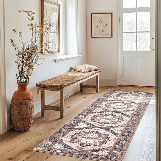 Washable 2x10 Area Rugs, Rugs for Living Room, Low-Pile Water&Stain Resistant Carpet Vintage Distressed Printed Non-Slip Carpet for Bedroom Bathroom Kitchen-Pink/Brown/Navy Blue/Black