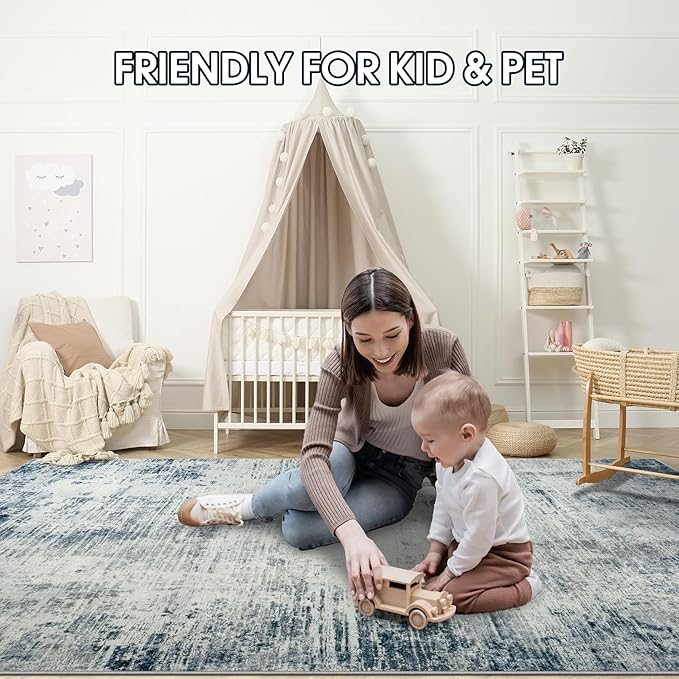 10x14 Area Rugs for Living Room: Soft Abstract Large Area Rug Non-Shedding Anti-Skid Stain Resistant Indoor Floor Modern Washable Rugs for Bedroom Dining Room Nursery Farmhouse Home Office-Blue/Ivory