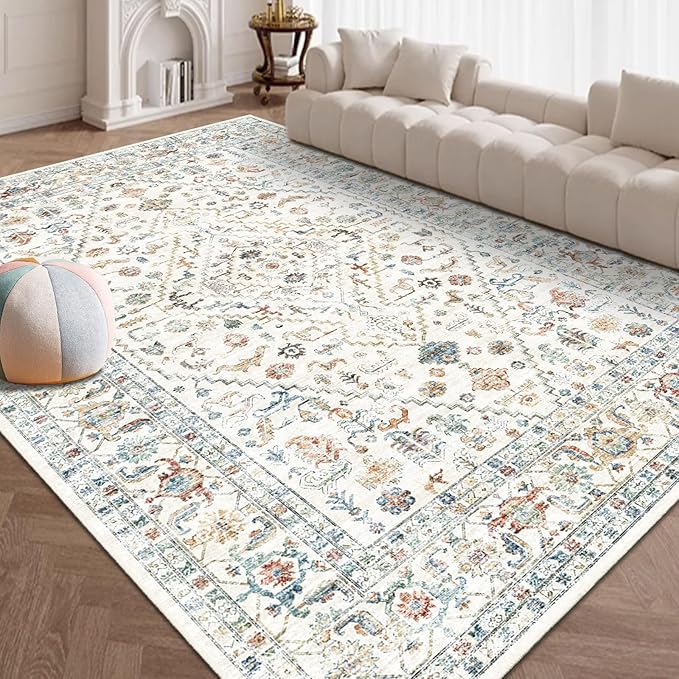 Area Rug 8x10 Washable Rug Cream Indoor Foldable Thin Retro Accent Area Rug Floral Non Slip Carpet Living Room Dining Room Office (Cream Base 8x10