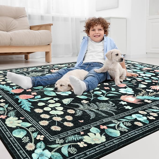 Area Rugs for Living Room, 6x9 Washable Non-Slip Rug for Bedroom, Vintage Floral Carpet for Home Office Nursery Dining Room Kitchen, Black