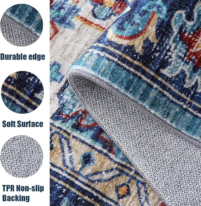 Yancorp 3'x5' Boho Area Rug for Bedroom Non Slip Washable Rug Vintage Carpet Living Room Indoor Door Mat Bedroom Kitchen Entryway Rug for Entrance Lake Blue