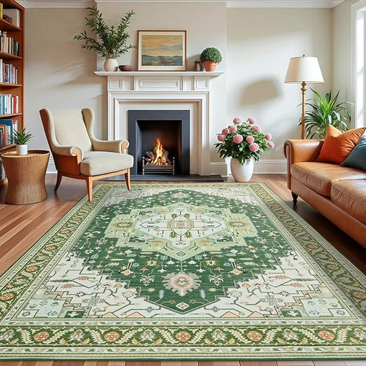 5x7 Green White Area Rug for Living Room, Machine Washable Rugs with Non-Slip Backing for Bedroom, Vintage Medallion Carpet Dining Room Office Kids Room Decor