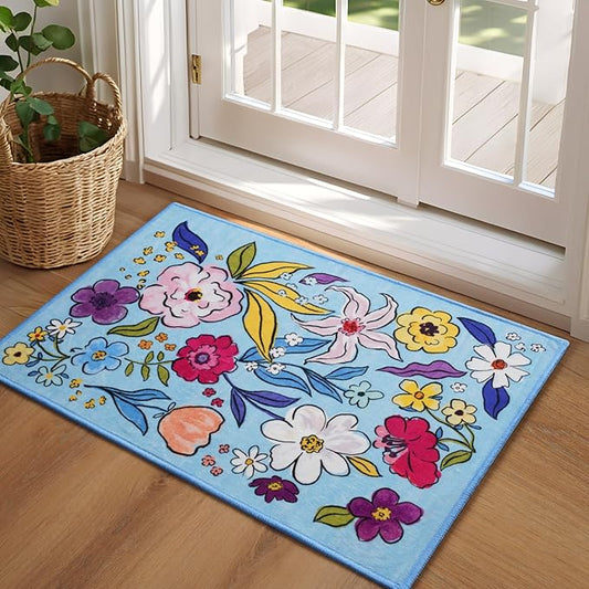 ST. BRIDGE Rugs for Entryway 2x3, Indoor Entrance Rugs Washable Blue Boho Floral Throw Rug Non-Slip Low Pile Front Door Mat, Soft Small Area Rug Entry Rug for Bedroom Kitchen Bathroom