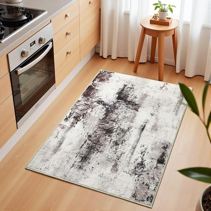 Washable Abstract Rug, 2x3 Small Modern Area Rugs with Non-Slip Rubber Backed for Kitchen, Thin but Soft Throw Carpet Bedroom Entryway Front Door Decor, Black Brown