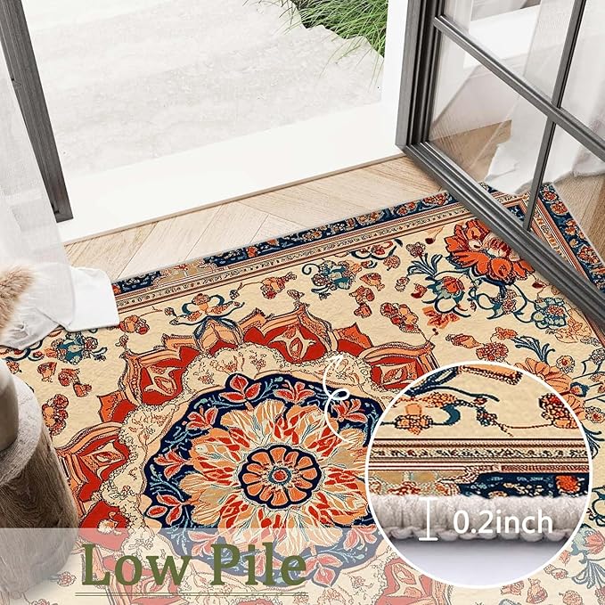 3x5 Entryway Rug Boho Orange Blue Area Rug Indoor Entrance Non Slip Door Mat Stain Resistant Washable Machine Soft Low Pile Small Carpet Bathroom Kitchen