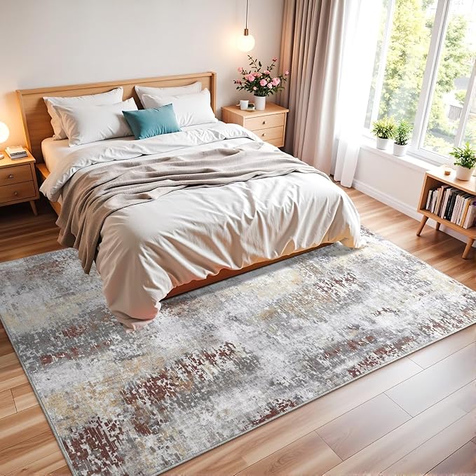 Washable Abstract Rug, 6x9 Modern Area Rugs with Non-Slip Rubber Backed for Living Room, Thin but Soft Contemporary Carpet Kitchen Bedroom Dining Room Decor, Rusty Brown