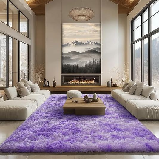 Zentavio Large Area Rugs for Living Room Purple Rugs for Girls Room 8x10 Carpet for Bedroom Washable Soft Fluffy Shag Aesthetic Plush High Pile Throw Rug for Nursery Kids Room Dorm Room Tie-Dyed