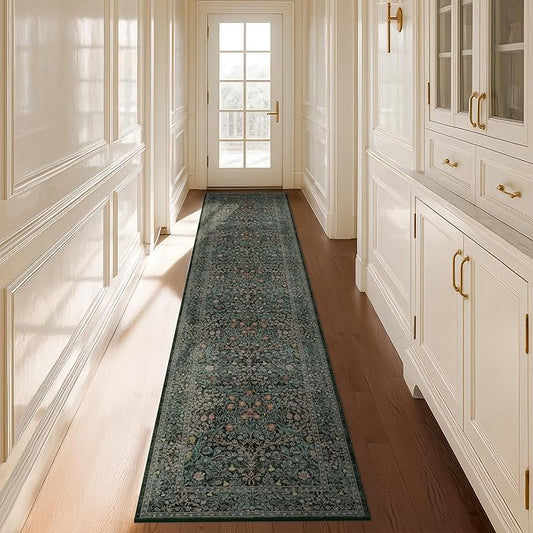 Washable Dark Green 2x10 Runner Rug for Hallway, Kitchen, Laundry Room, 10 ft Non Slip Stain Resistant Extra Long Soft Rugs, Vintage Floral Unique Botanical Floor Mat