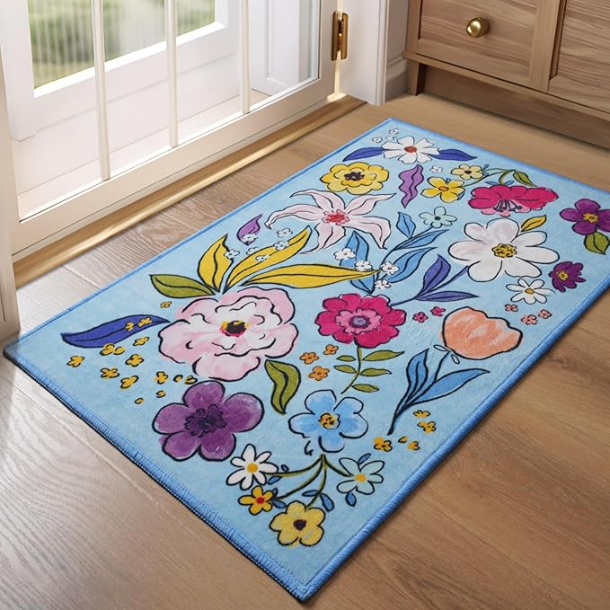ST. BRIDGE Rugs for Entryway 2x3, Indoor Entrance Rugs Washable Blue Boho Floral Throw Rug Non-Slip Low Pile Front Door Mat, Soft Small Area Rug Entry Rug for Bedroom Kitchen Bathroom