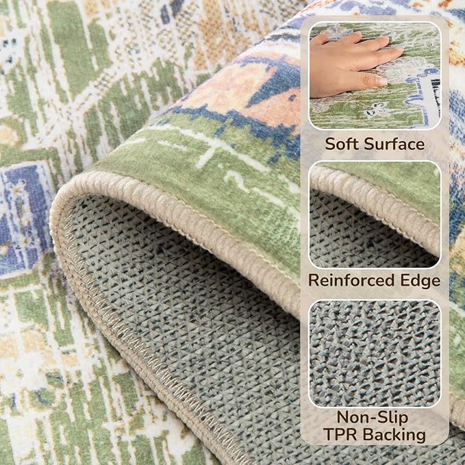 BESTSWEETIE 2x6 Area Rugs for Living Room Washable Non Slip Carpet Low Pile Soft Vintage Print Pattern Rug for Bedroom Dining Room Kitchen Entryway Indoor-Green/Light tan/Blue/Grey