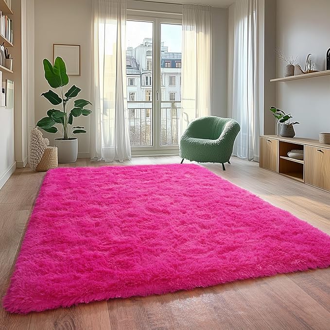 Shaggy 8x10 Area Rugs, Hot Pink Fuzzy Rugs for Kids Bedroom, Soft Play Nursery Area Rug for Girls, Shag Area Rugs Non Slip, Fluffy Faux Fur Rug Carpet