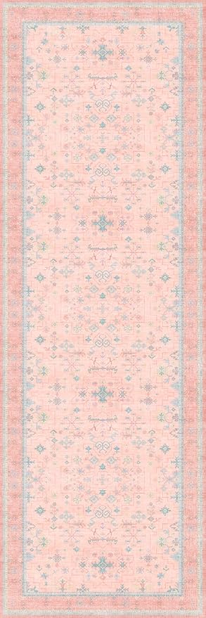 Washable Pink Hallway Runner Rug, 2x6 Area Rugs for Kitchen Floor Mat, Laundry Room, Bedroom - Boho Modern Floral Distressed Oushak Design, Soft Faux Wool Low Pile Non Slip Stain Resistance Carpet
