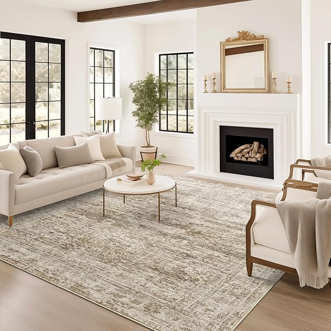 10x14 Area Rugs for Living Room, Non Slip Machine Washable Vintage Rugs, Low Pile Lightweight Large Rug for Bedroom, Dining Room, Home Office Brown