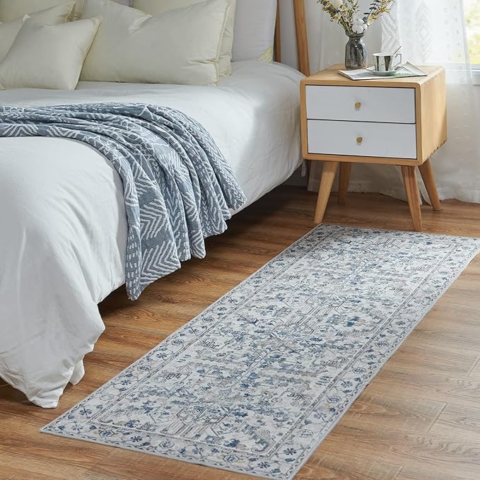 jinchan Runner Rug 2x5 - Vintage Hallway Machine Washable Rug Floral Non Slip with Rubber Backing Ultra-Thin Carpet Runner for Kitchen Bedroom Laundry Room Farmhouse Entryway (2x5ft,Blue)