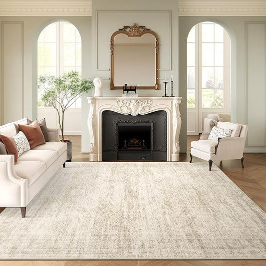 10x14 Area Rugs for Living Room, Non Slip Machine Washable Vintage Rugs, Low Pile Lightweight Large Rug for Bedroom, Dining Room, Home Office Beige