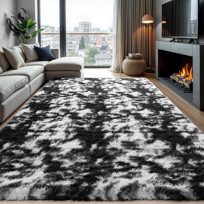 Zentavio Black and White Area Rugs for Living Room Large Rugs for Bedroom 6x9 Soft Carpet Fluffy Furry Shag Aesthetic Plush High Pile Gray Throw Rug for Nursery Kids Room Dorm Tie-Dyed