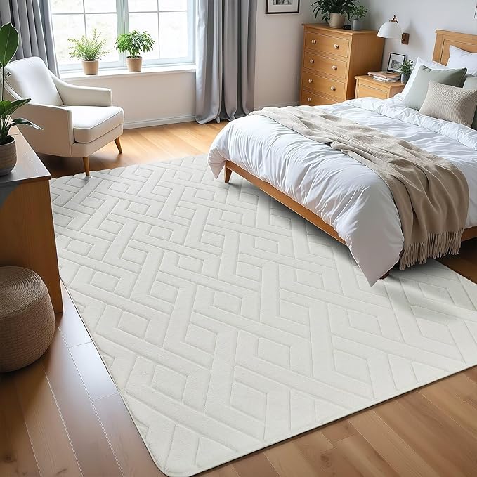 Ultra Soft Cream White Area Rug for Living Room, 5x7 Modern Geometric Shag Rugs with Nonslip Backing for Bedroom, Washable Fuzzy Carpet for Cozy Kids Girls Room Nursery