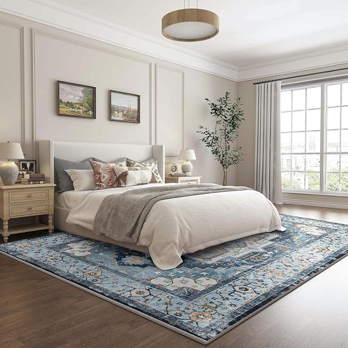 Washable 5x7 Area Rugs, Rugs for Living Room, Low-Pile Water&Stain Resistant Carpet Vintage Distressed Printed Non-Slip Carpet for Bedroom Bathroom Kitchen-Sky Blue