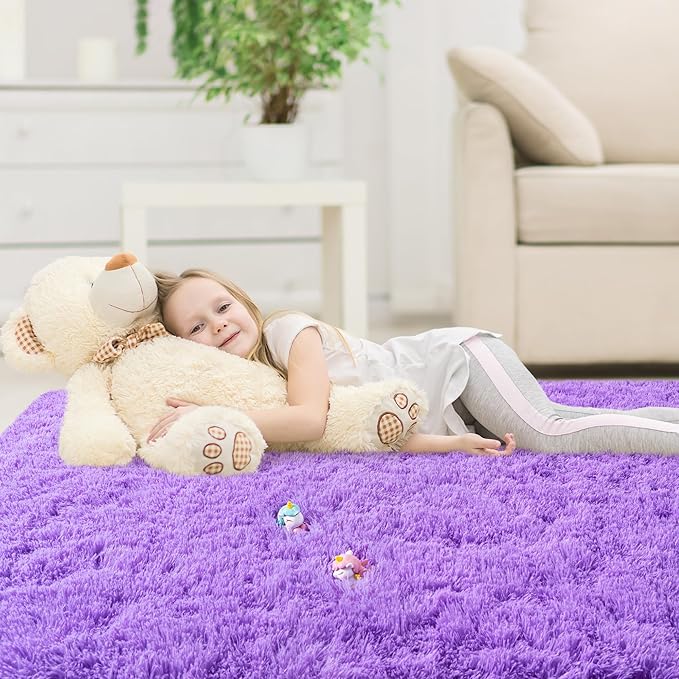 3x5 Area Rug for Bedroom, Purple Rugs for Living Room Nursery Kids Room Dorm Home Decor Aesthetic, Fluffy Shaggy Rug with 4 Anti-Slip Carpet Tapes