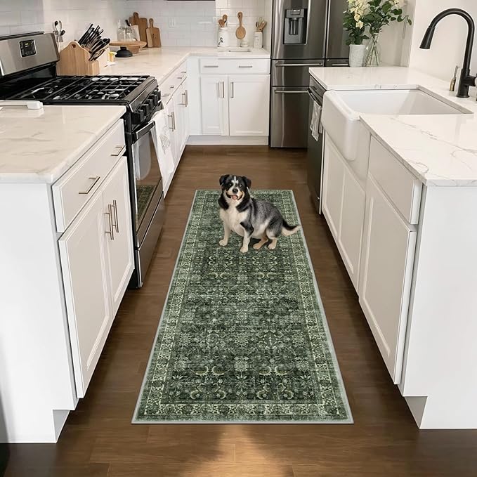 Anidaroel Runners for Hallways 2x6 Non Slip, Washable Kitchen Runner Rug, Vintage Boho Bathroom Runner Rug, Soft Indoor Throw Carpet Runner for Laundry Room Entryway, Dark Green