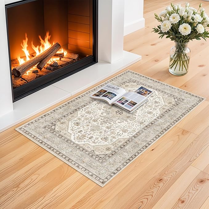 Washable Area Rug 2x3 - Entryway Living Room Large Indoor Rugs Soft Oriental Vintage Bedroom Rugs Non-Slip Backing Stain Resistant for Farmhouse Kitchen-2x3 Ivory